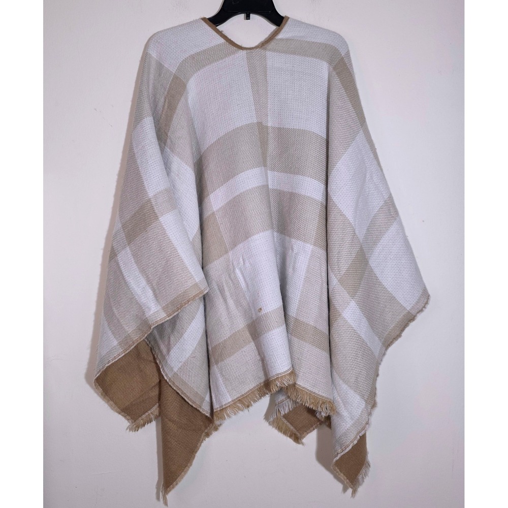 Banana Republic Reversible Plaid Poncho One Size Brown White - Picture 6 of 7